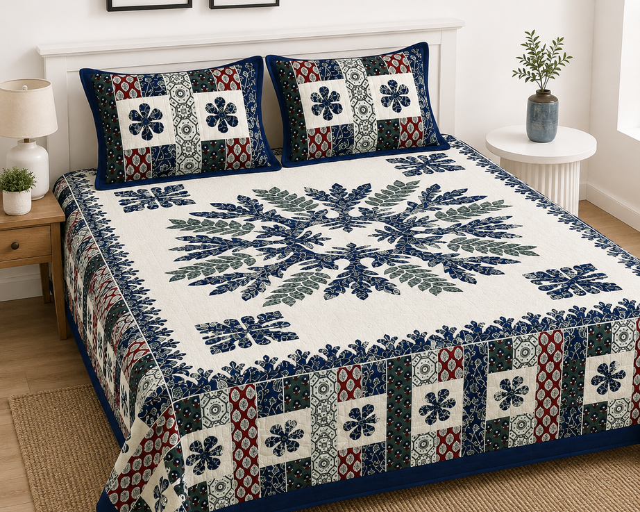 Pure Cotton King Size Bedsheet – Patchwork Design – Navy Blue, Red, Green & Cream