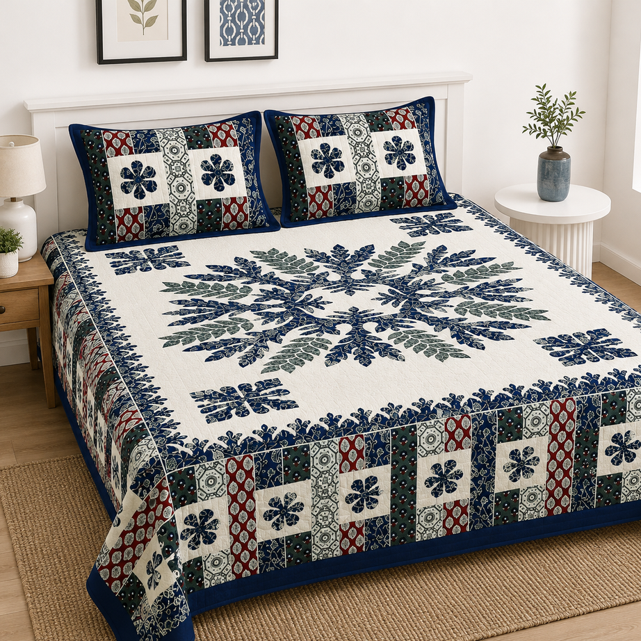 Pure Cotton King Size Bedsheet – Patchwork Design – Navy Blue, Red, Green & Cream