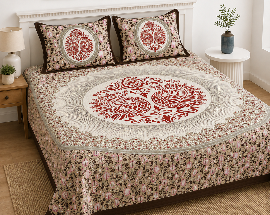 Pure Cotton King Size Beige Bedsheet with Red Peacock Medallion & Floral Paisley Print