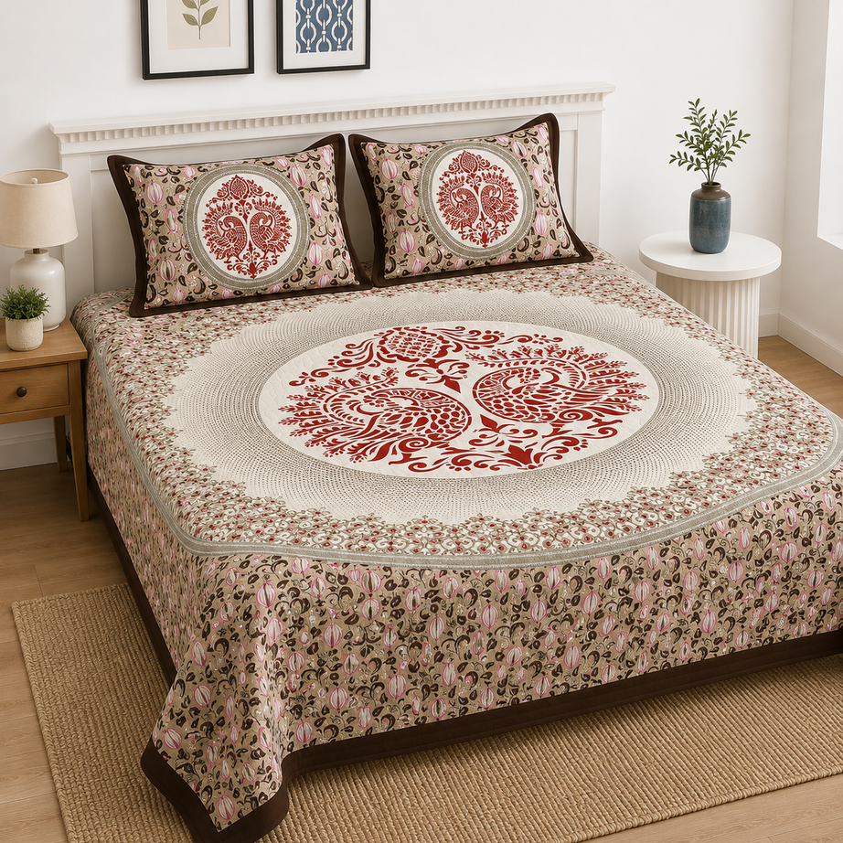 Pure Cotton King Size Beige Bedsheet with Red Peacock Medallion & Floral Paisley Print