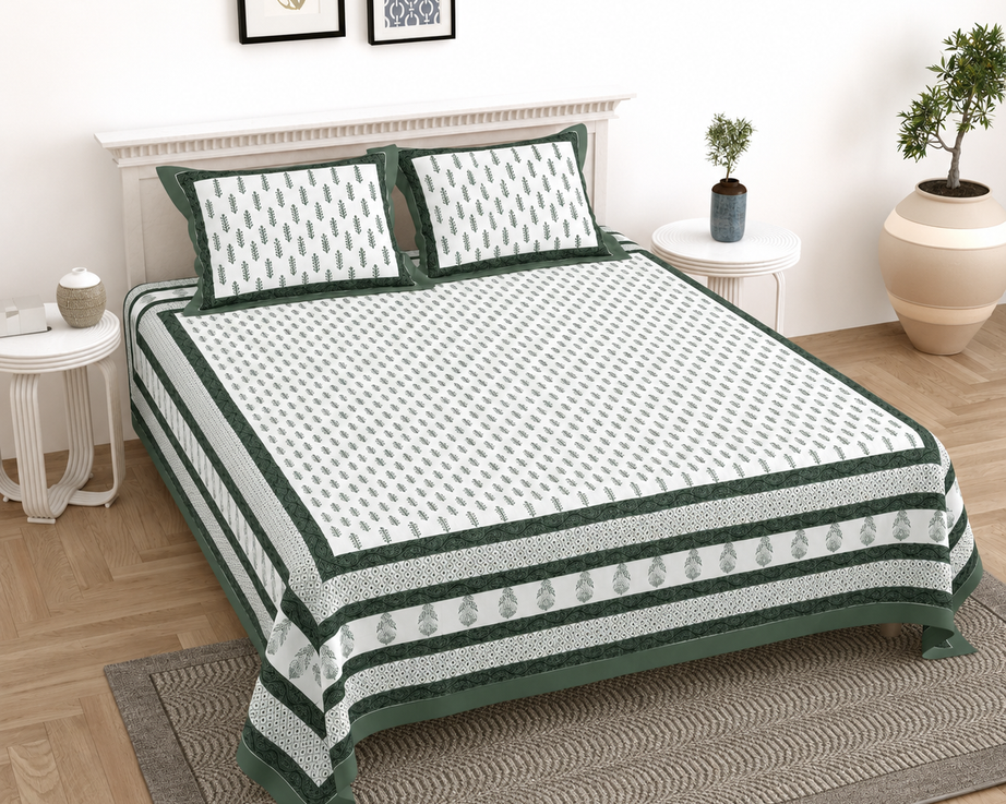 Pure Cotton King Size White Bedsheet with Dark Green Botanical Leaf Print