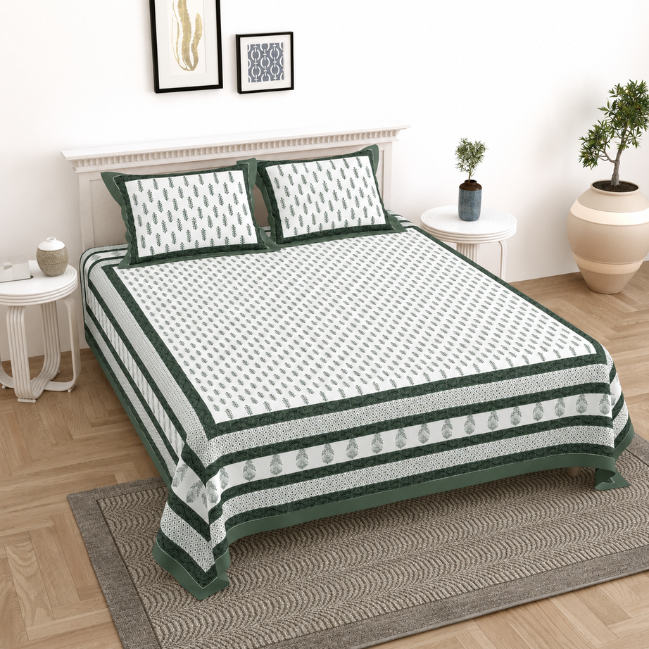 Pure Cotton King Size White Bedsheet with Dark Green Botanical Leaf Print