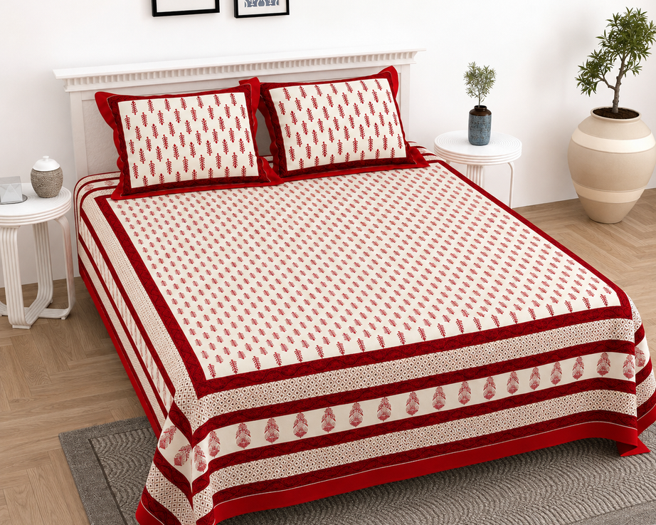 Pure Cotton King Size Bedsheet – Cream & Red Floral Butta Print with Traditional Border
