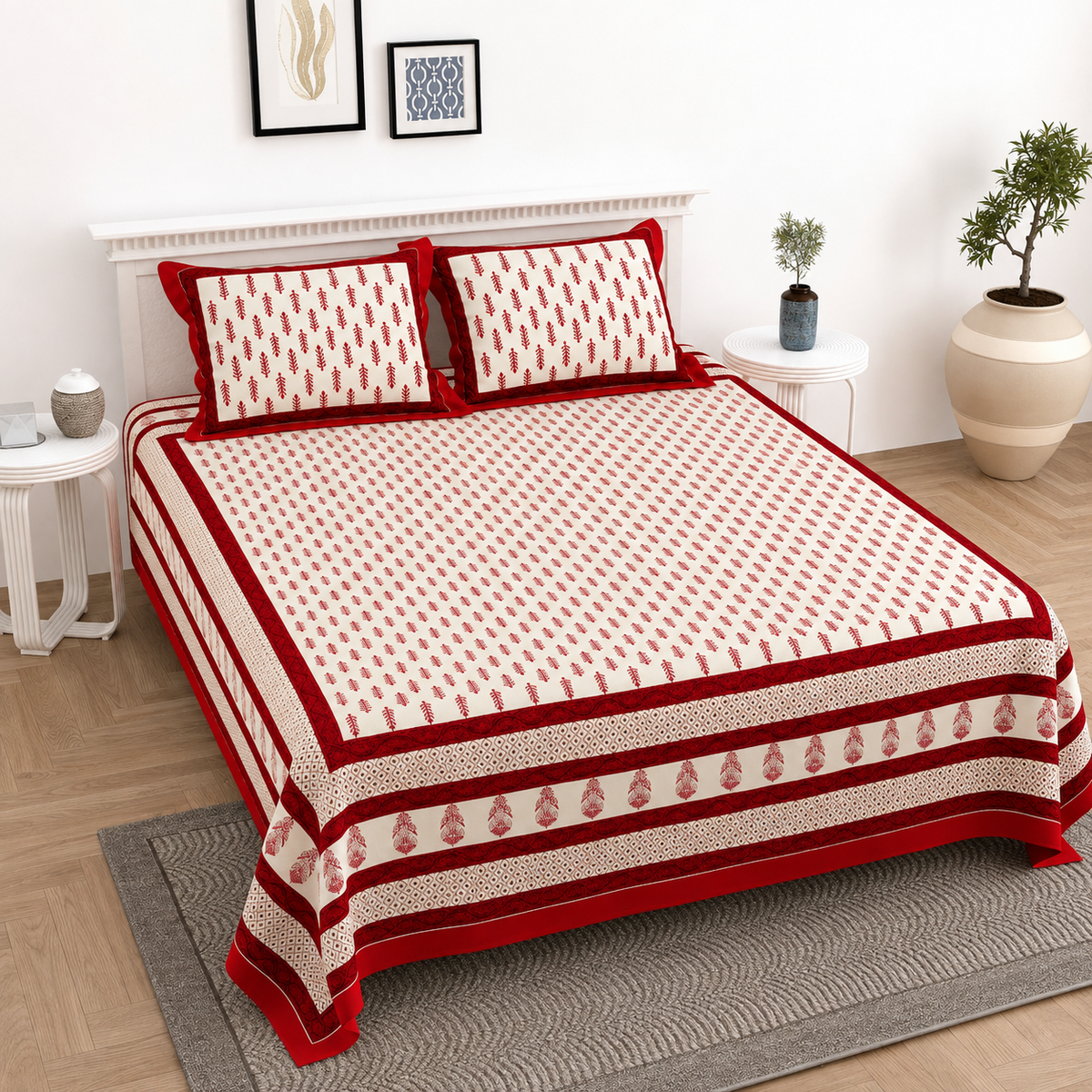 Pure Cotton King Size Bedsheet – Cream & Red Floral Butta Print with Traditional Border