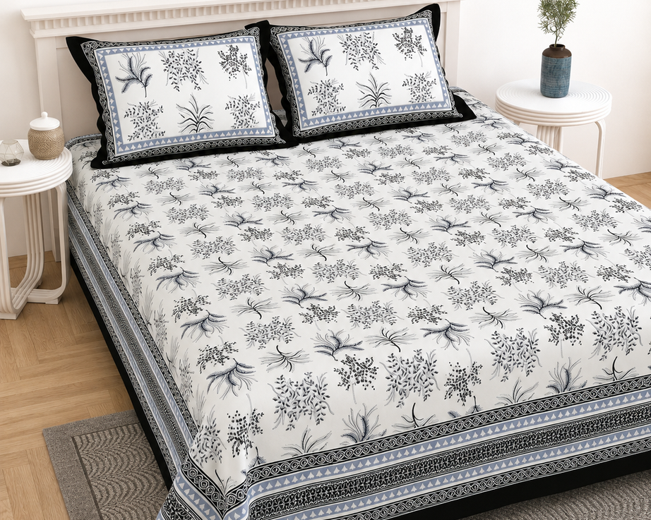 Pure Cotton King Size Bedsheet – White & Black Floral Block Print with Border