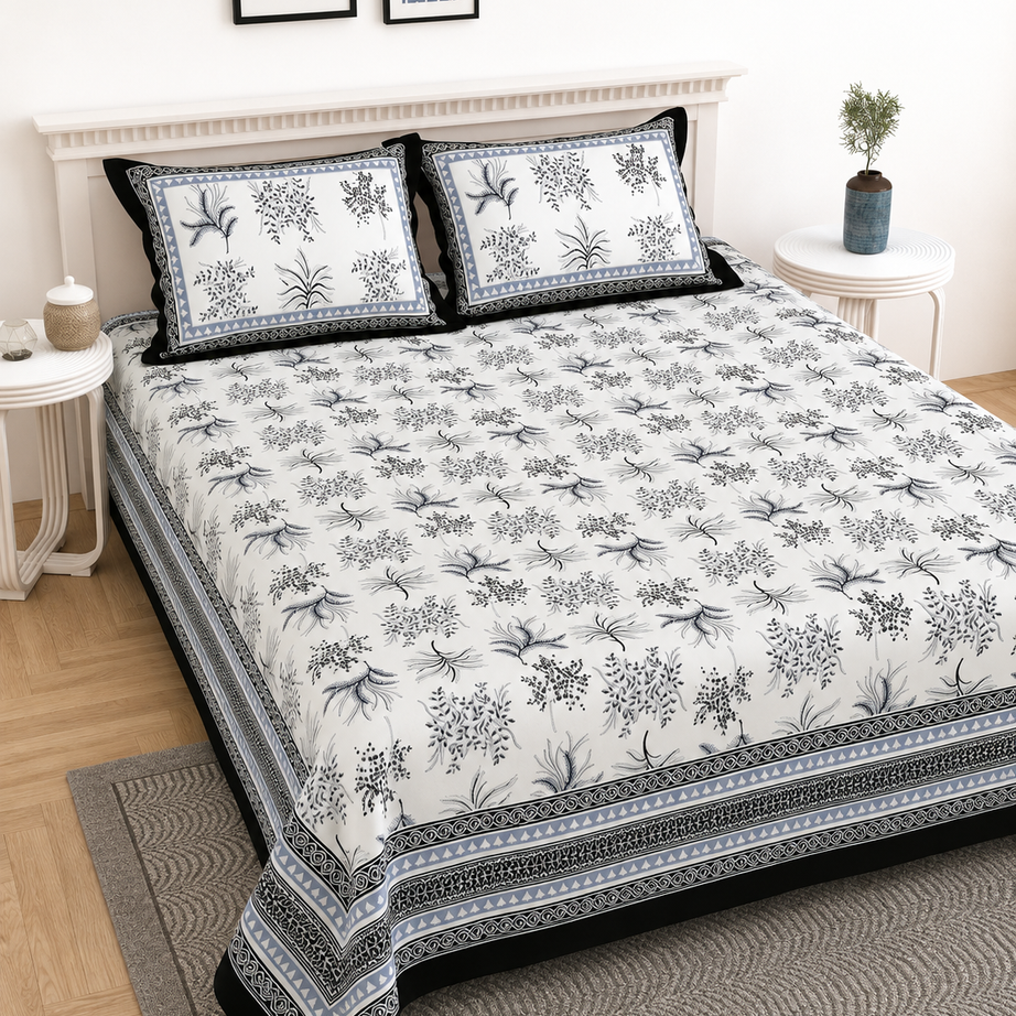 Pure Cotton King Size Bedsheet – White & Black Floral Block Print with Border