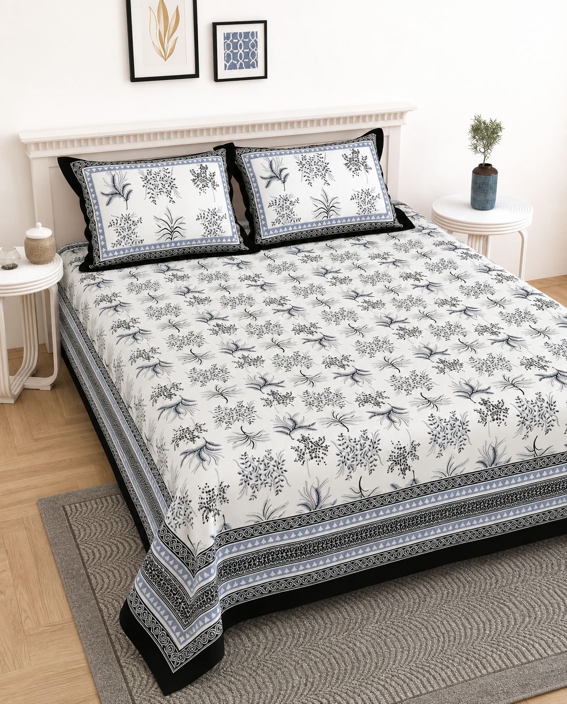 Pure Cotton King Size Bedsheet – White & Black Floral Block Print with Border