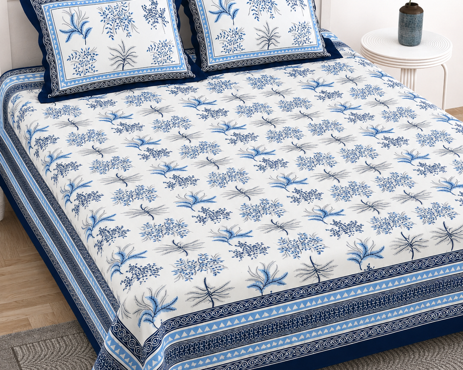 Pure Cotton King Size Bedsheet – White & Blue Floral Block Print with Traditional Border