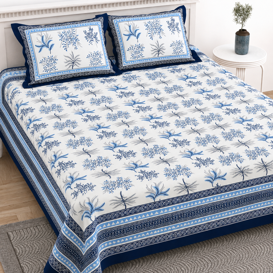 Pure Cotton King Size Bedsheet – White & Blue Floral Block Print with Traditional Border