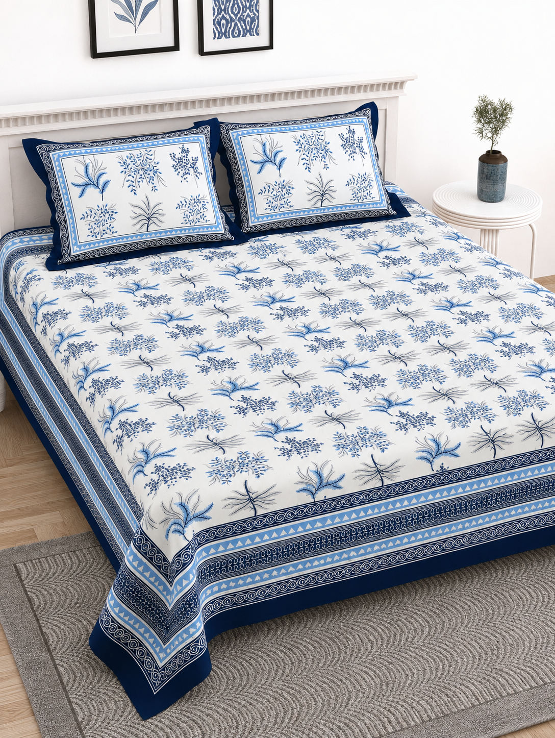 Pure Cotton King Size Bedsheet – White & Blue Floral Block Print with Traditional Border
