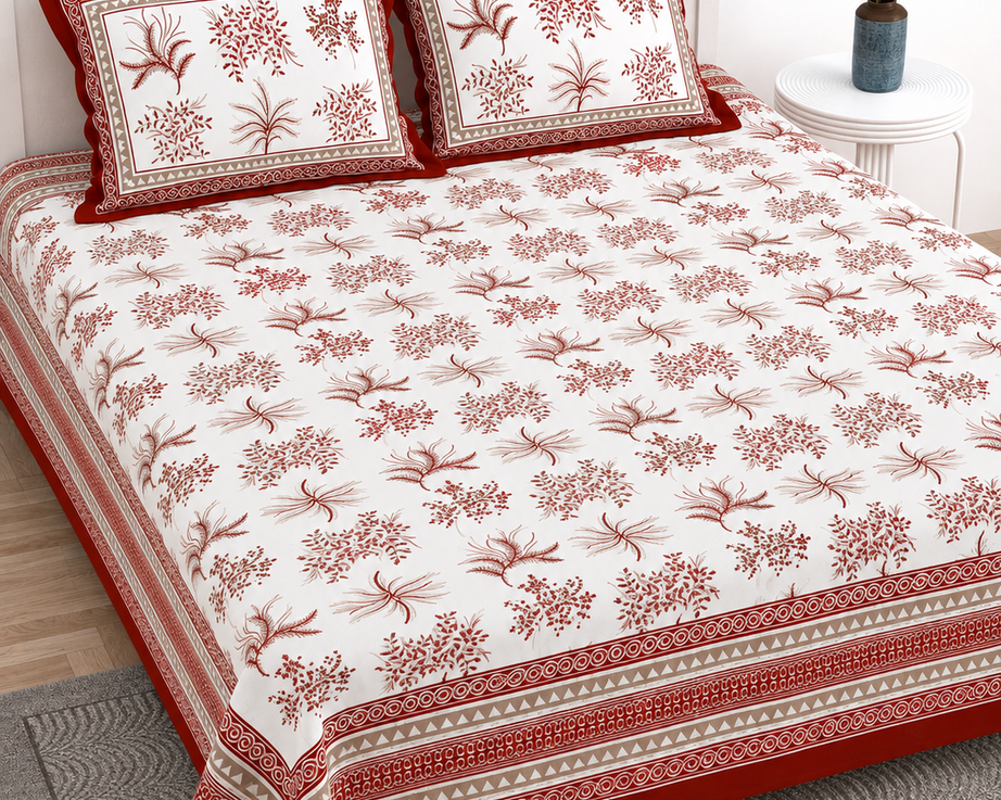 Pure Cotton King Size Bedsheet – White & Red Floral Block Print with Traditional Border