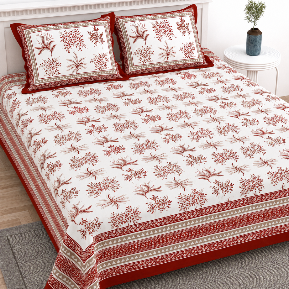 Pure Cotton King Size Bedsheet – White & Red Floral Block Print with Traditional Border