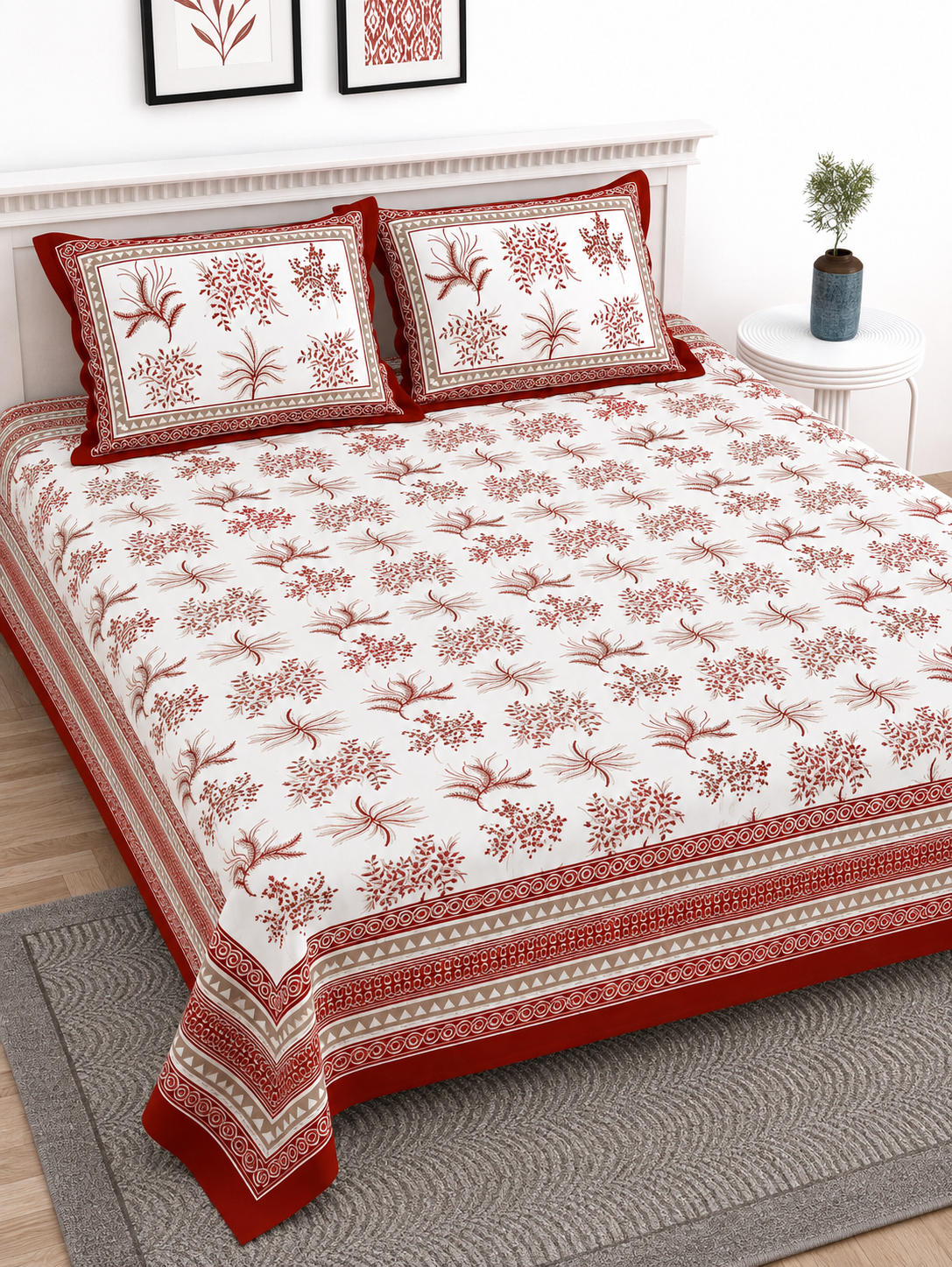 Pure Cotton King Size Bedsheet – White & Red Floral Block Print with Traditional Border