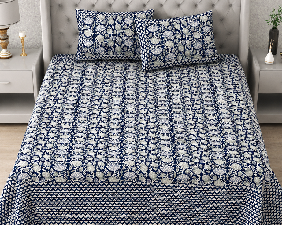 Pure Cotton King Size Bedsheet – Navy Blue & White Floral Block Print with Geometric Border