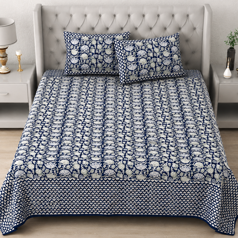 Pure Cotton King Size Bedsheet – Navy Blue & White Floral Block Print with Geometric Border