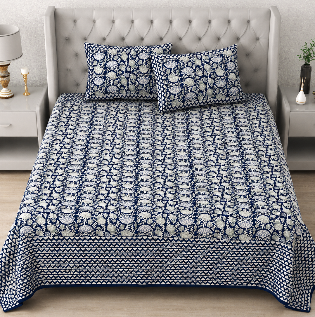 Pure Cotton King Size Bedsheet – Navy Blue & White Floral Block Print with Geometric Border