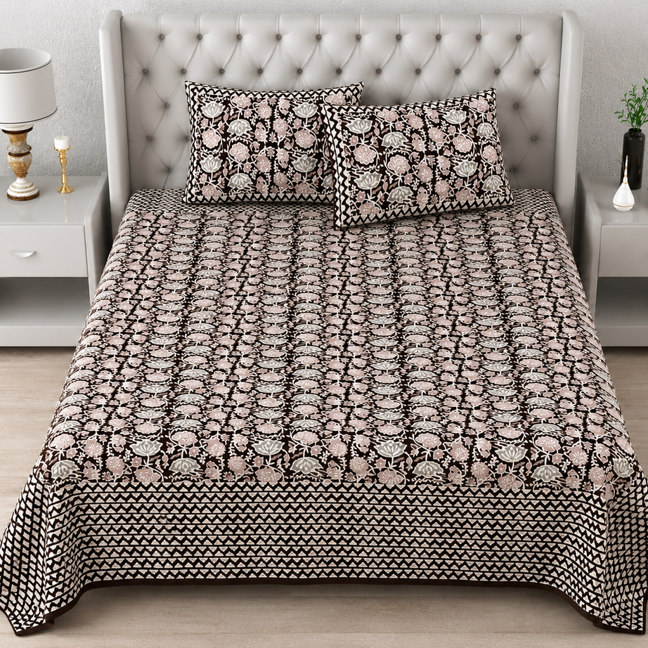 Pure Cotton King Size Bedsheet – Black & Beige Floral Block Print with Geometric Border
