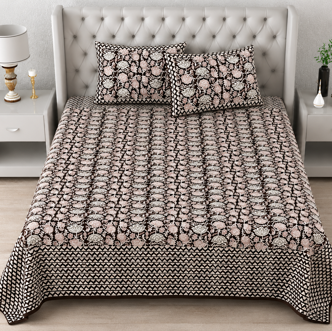 Pure Cotton King Size Bedsheet – Black & Beige Floral Block Print with Geometric Border