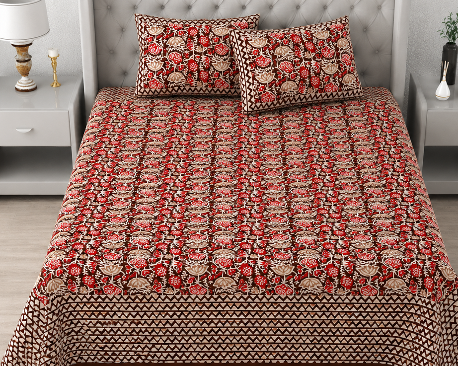 Pure Cotton King Size Bedsheet – Red & Brown Floral Block Print with Geometric Border