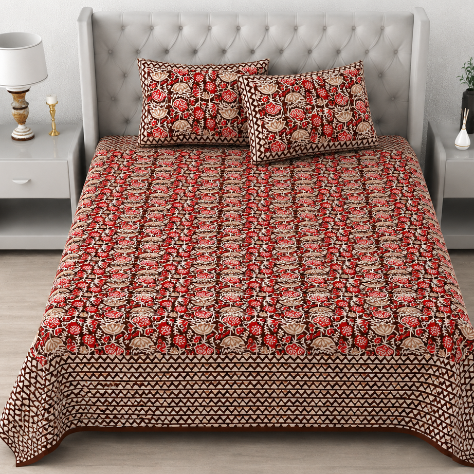 Pure Cotton King Size Bedsheet – Red & Brown Floral Block Print with Geometric Border