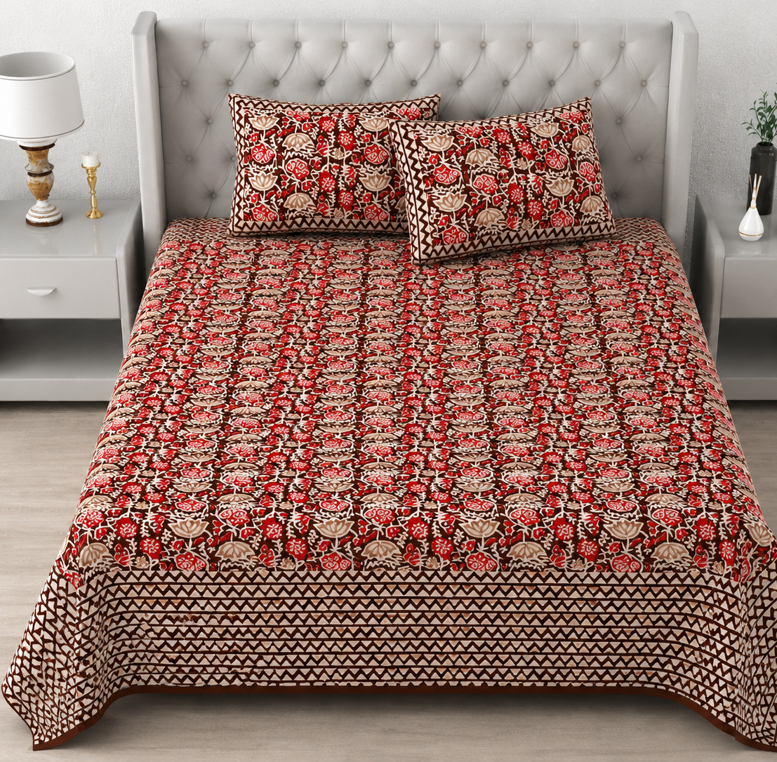 Pure Cotton King Size Bedsheet – Red & Brown Floral Block Print with Geometric Border
