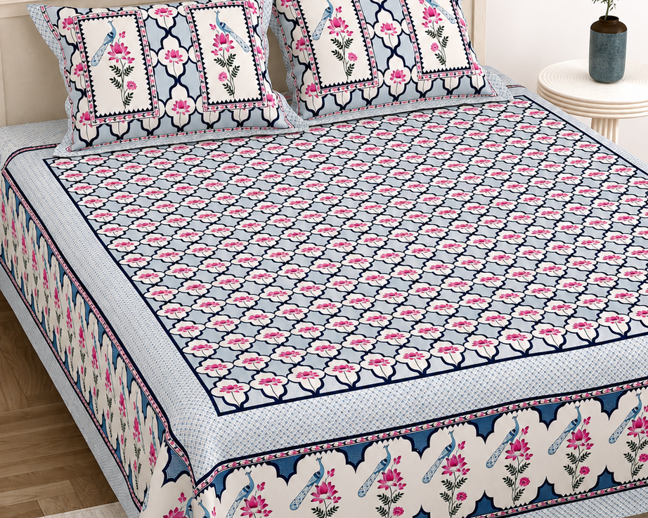Pure Cotton King Size Bedsheet – White & Pink Floral Trellis Print with Blue Border