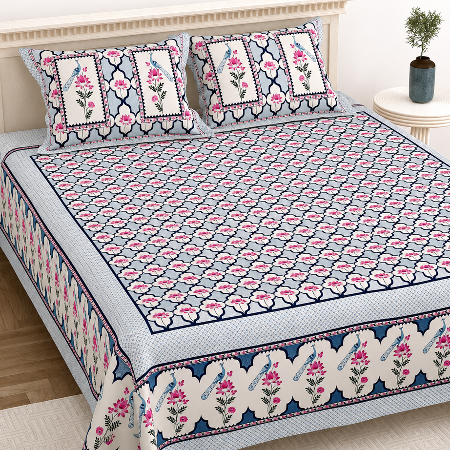 Pure Cotton King Size Bedsheet – White & Pink Floral Trellis Print with Blue Border