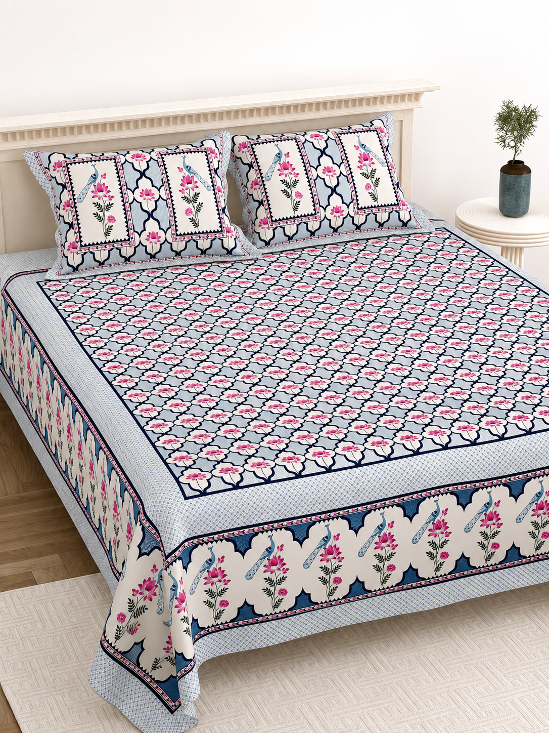 Pure Cotton King Size Bedsheet – White & Pink Floral Trellis Print with Blue Border