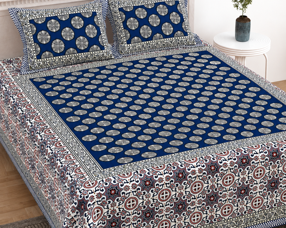 Pure Cotton King Size Bedsheet – Royal Blue & White Block Print with Floral Medallion Design