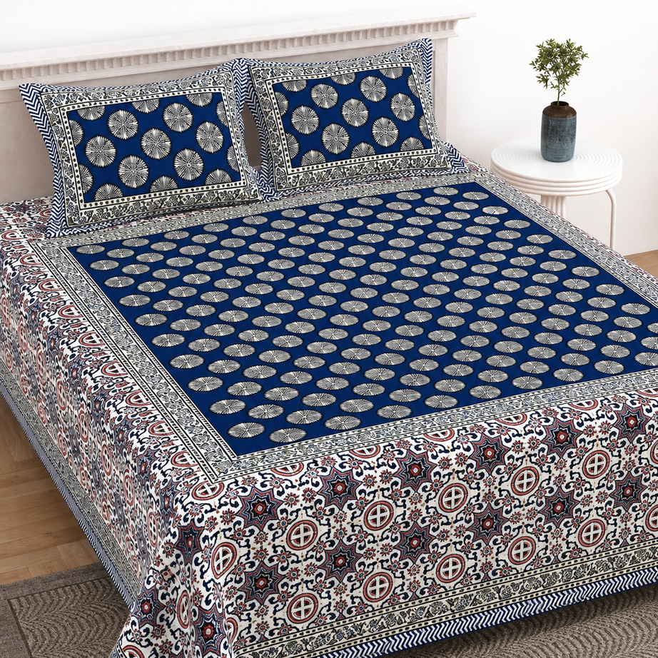 Pure Cotton King Size Bedsheet – Royal Blue & White Block Print with Floral Medallion Design