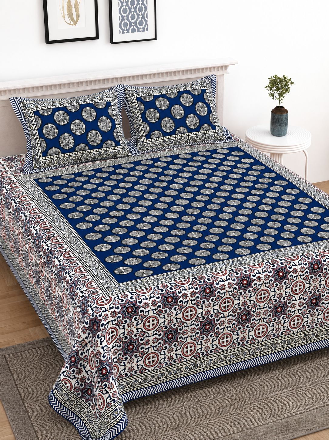 Pure Cotton King Size Bedsheet – Royal Blue & White Block Print with Floral Medallion Design