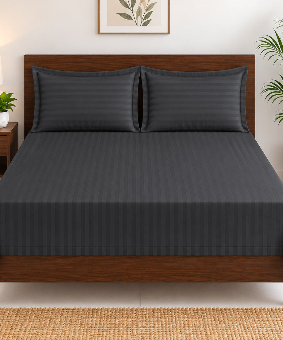 Charcoal Grey Satin Striped Double Bedsheet