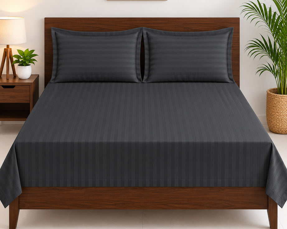 Charcoal Grey Satin Striped Double Bedsheet