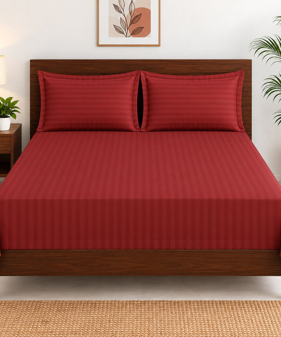 Red Satin Striped Double Bedsheet