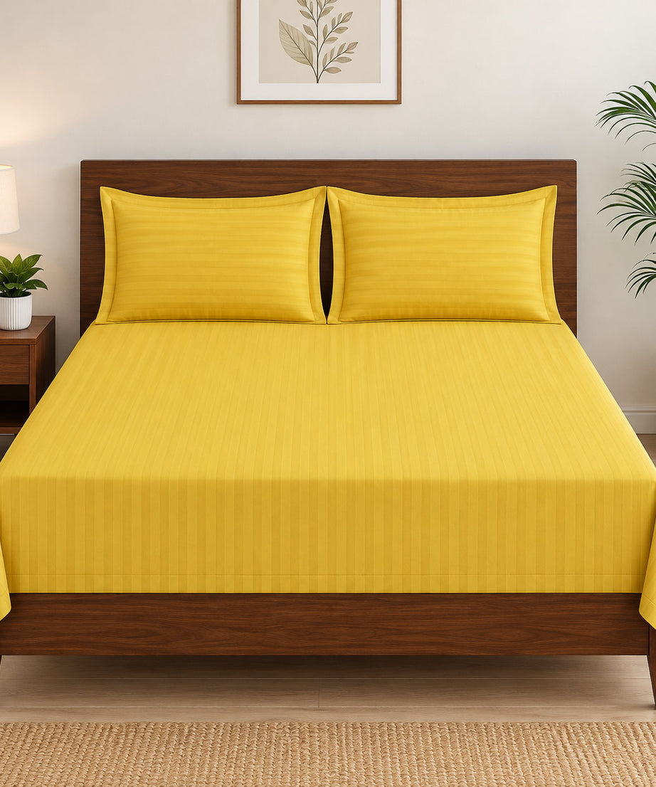 Mustard Yellow Satin Striped Double Bedsheet