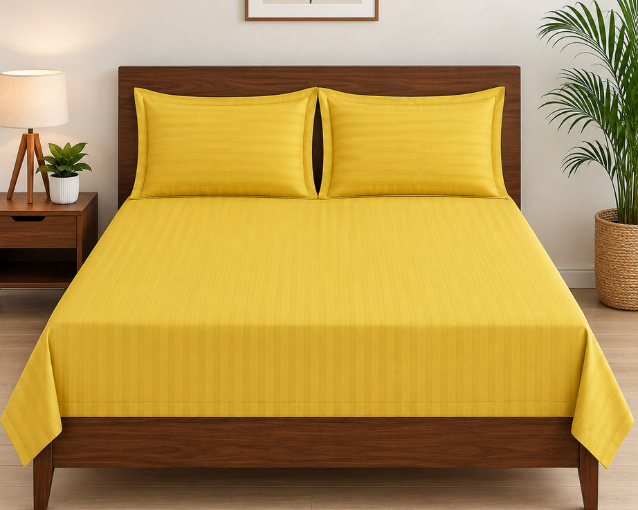 Mustard Yellow Satin Striped Double Bedsheet