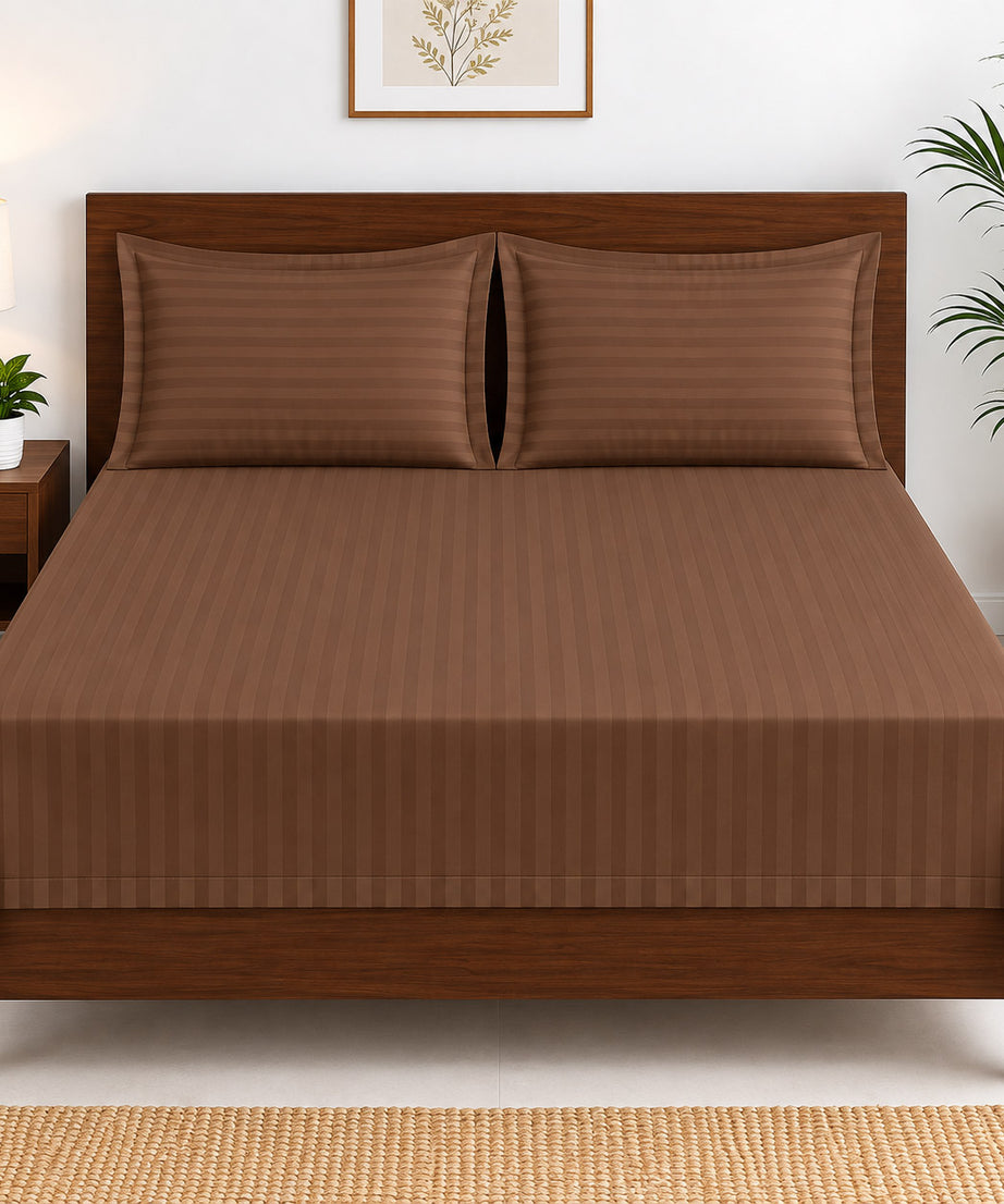 Chocolate Brown Satin Striped Double Bedsheet