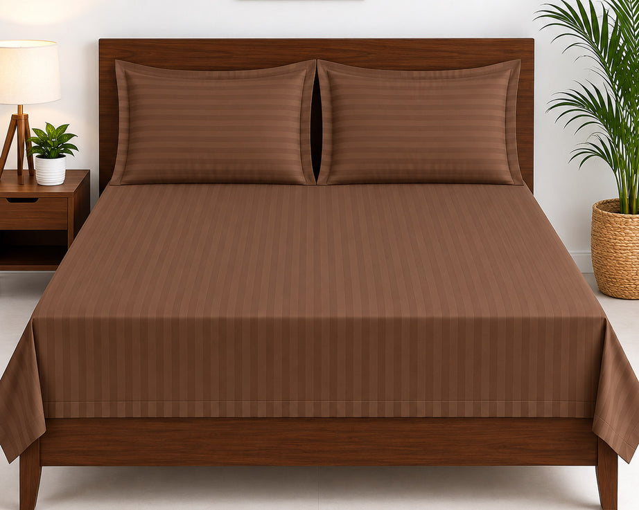 Chocolate Brown Satin Striped Double Bedsheet