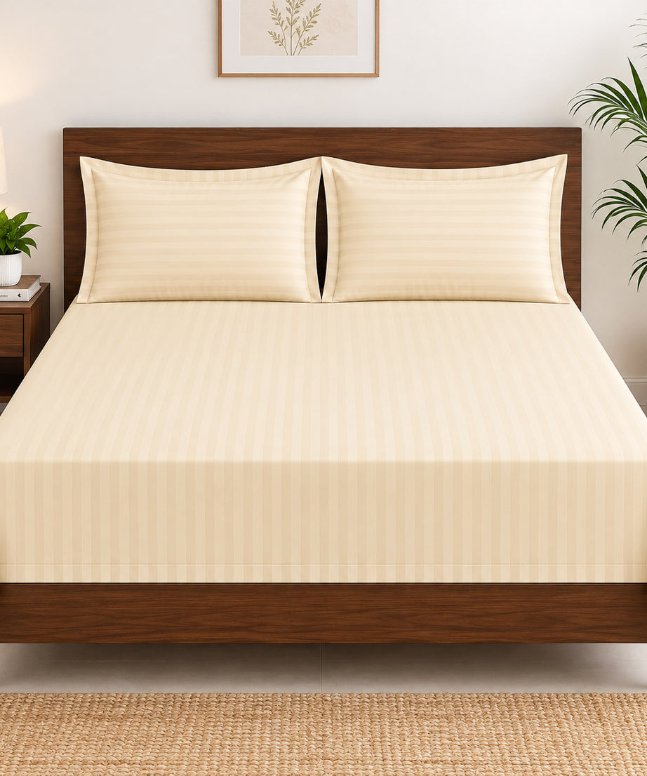 Cream Satin Striped Double Bedsheet