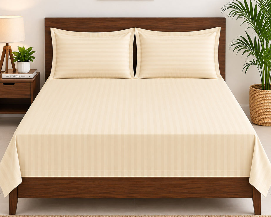 Cream Satin Striped Double Bedsheet