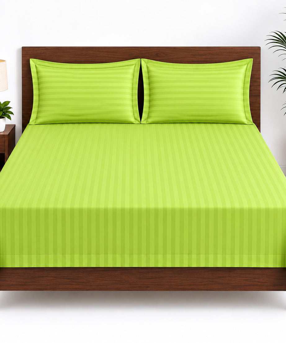 Lime Green Satin Striped Double Bedsheet