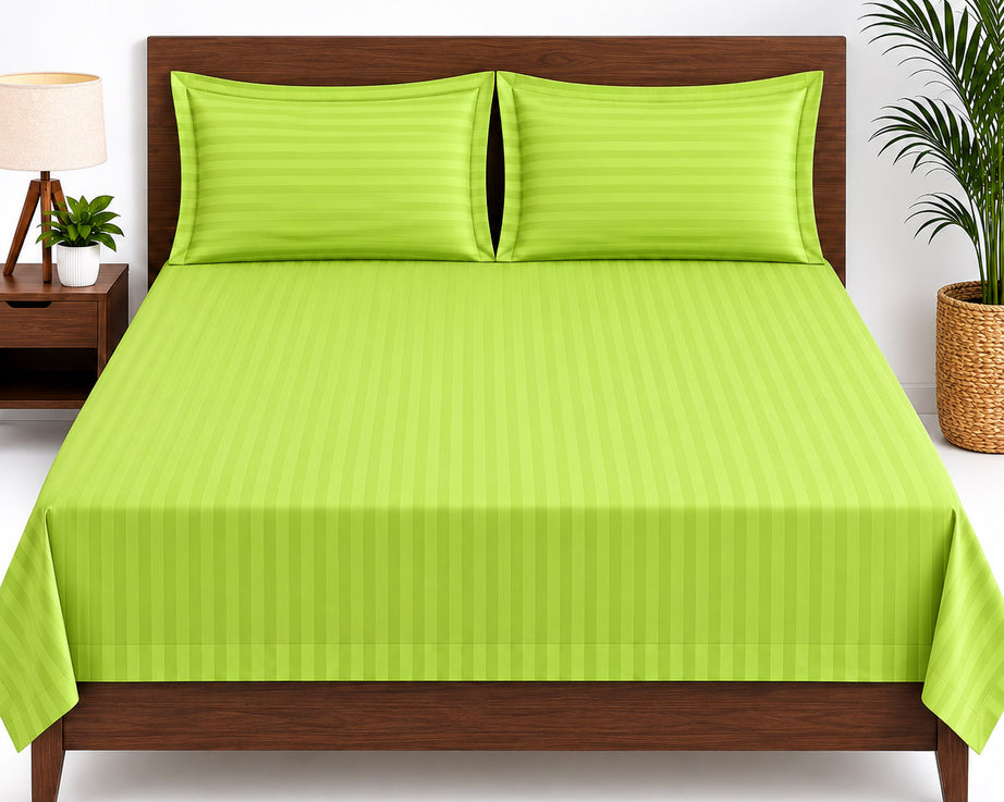 Lime Green Satin Striped Double Bedsheet