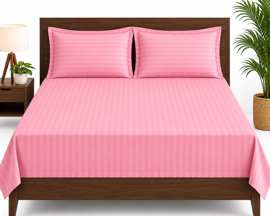 Pink Satin Striped Double Bedsheet