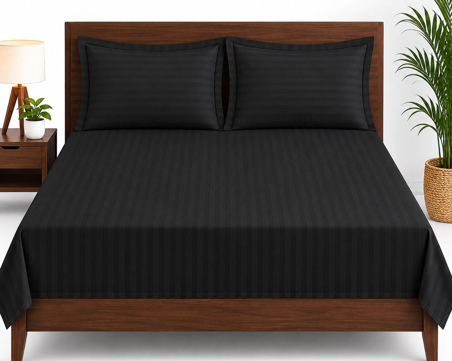 Black Satin Striped Double Bedsheet