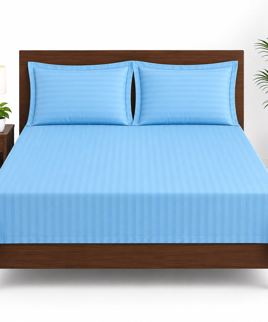 Sky Blue Satin Striped Double Bedsheet