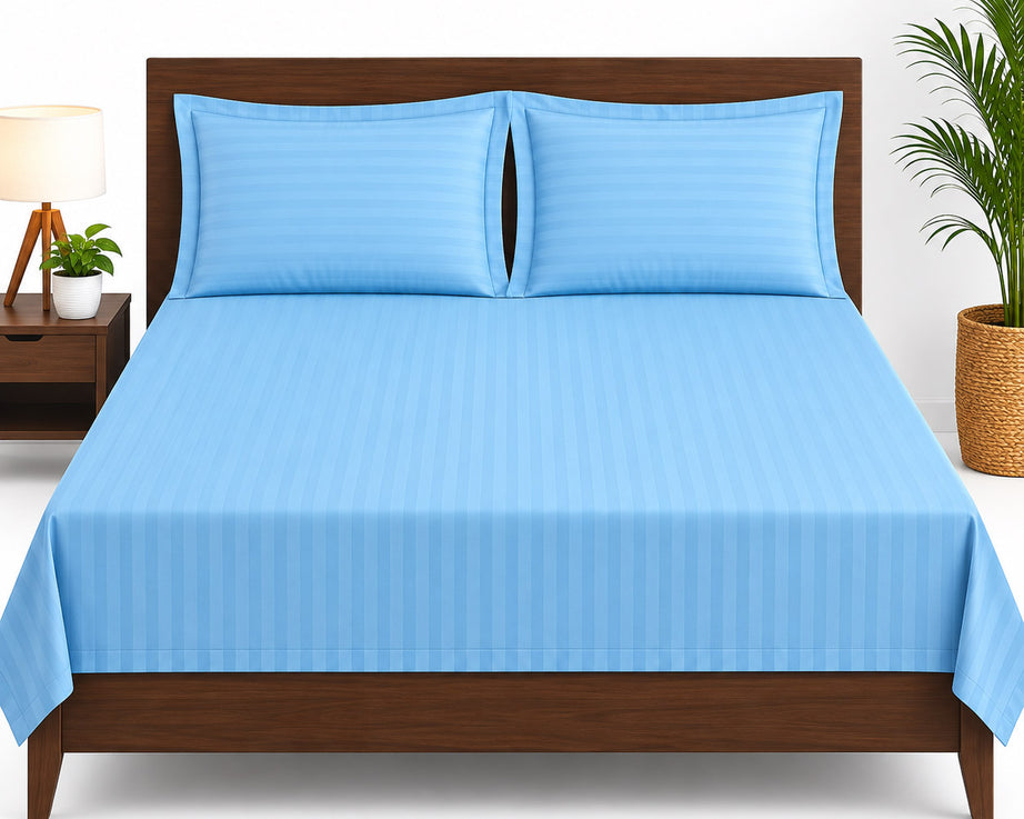 Sky Blue Satin Striped Double Bedsheet
