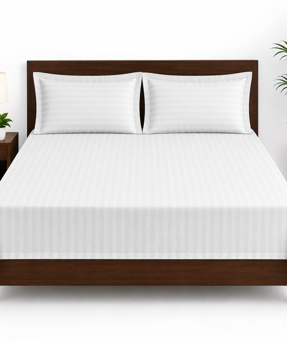 White Satin Striped Double Bedsheet