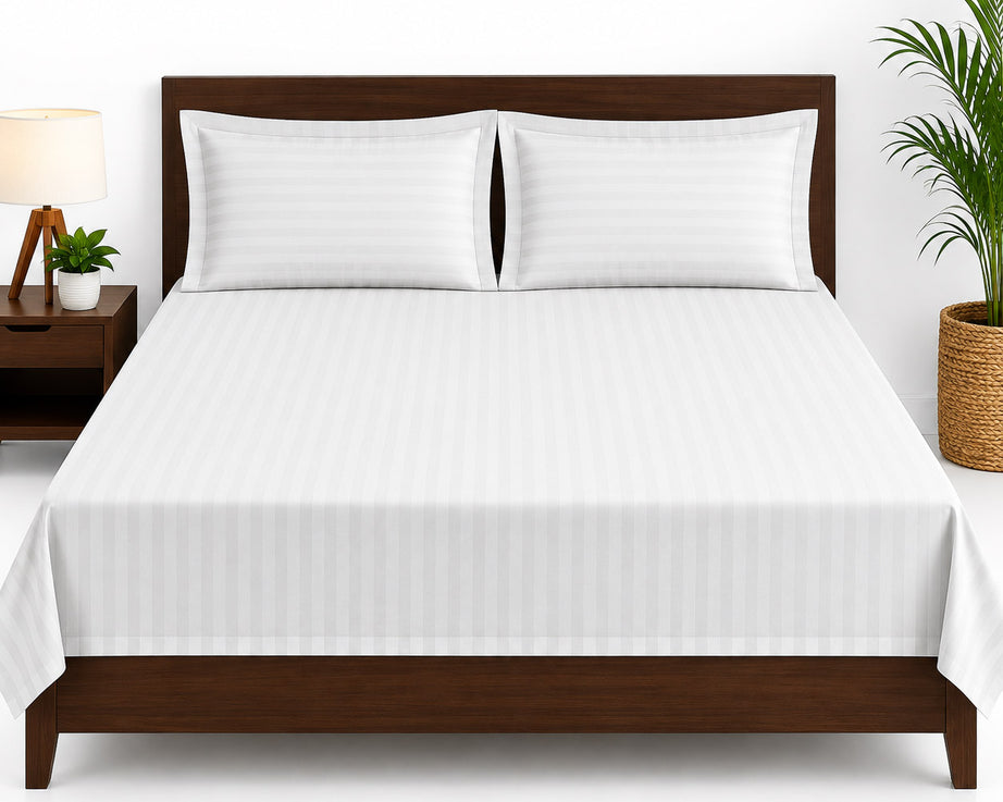 White Satin Striped Double Bedsheet