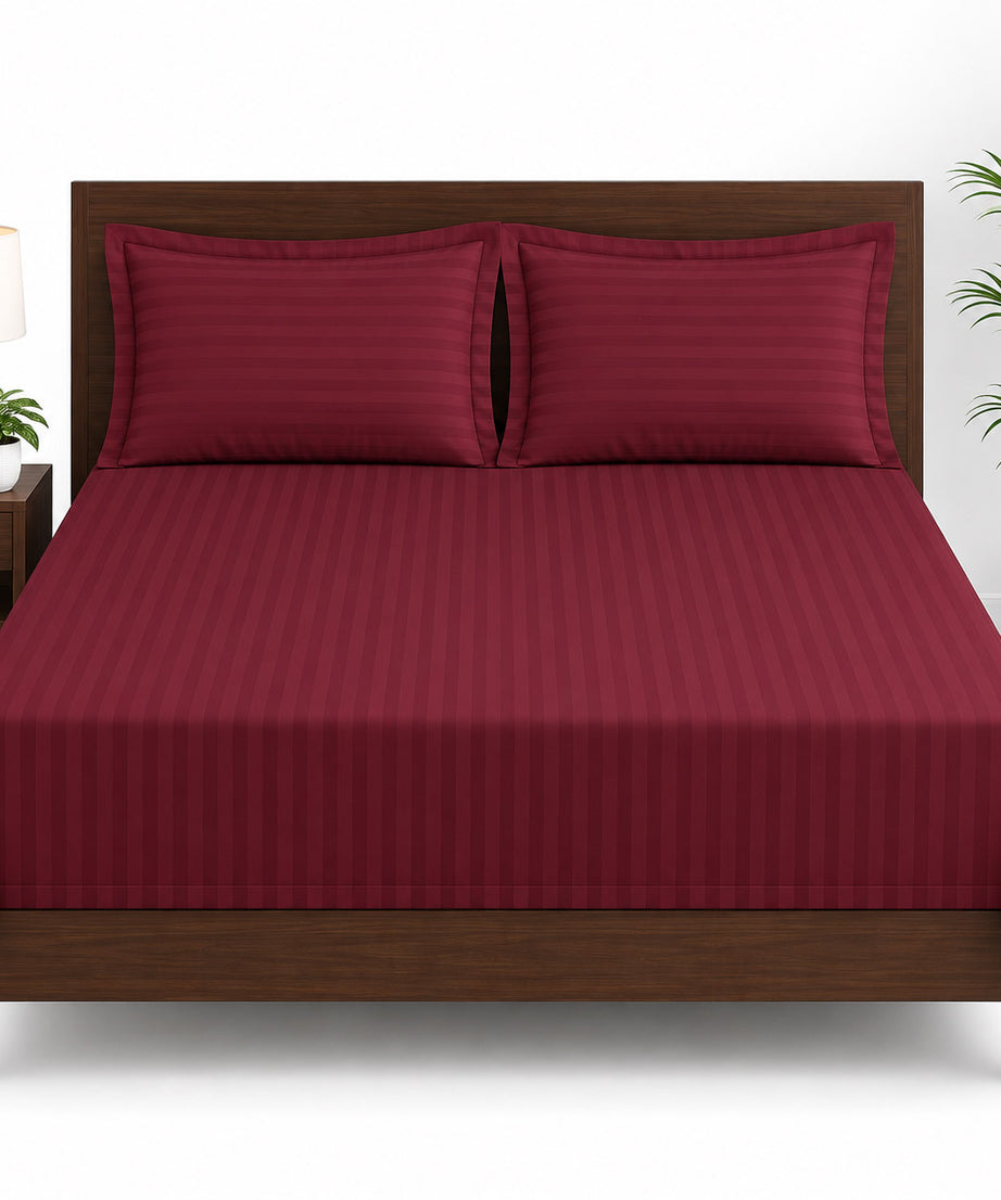 Wine Red Satin Striped Double Bedsheet