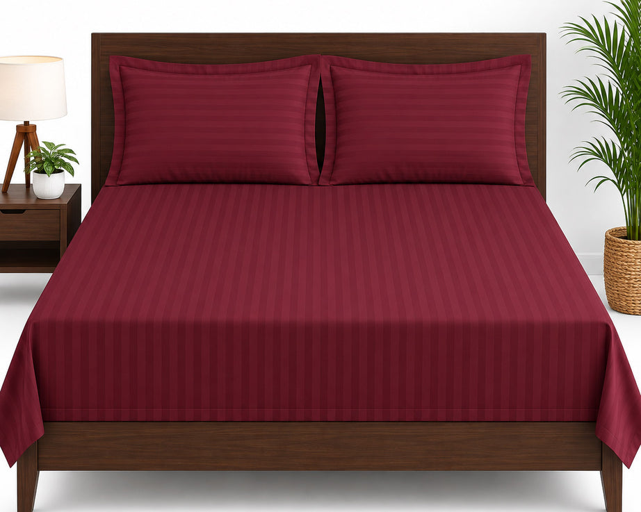 Wine Red Satin Striped Double Bedsheet